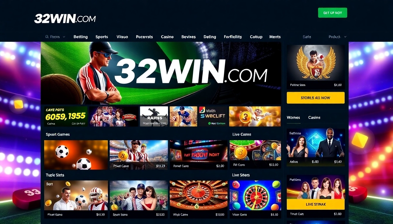 Screenshot showcasing 32WIN COM online betting platform with sports, casino, and live betting features for user engagement.