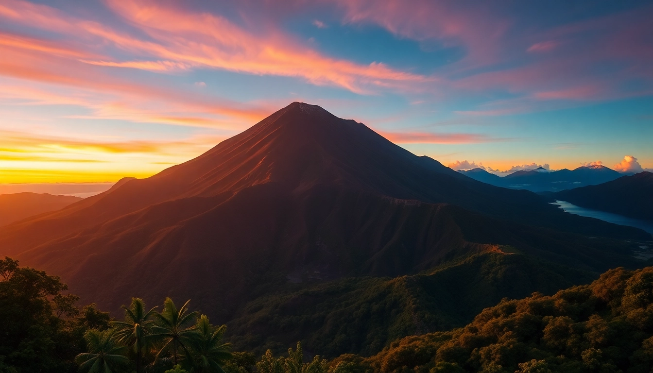 Hikers ascending Mount Rinjani with breathtaking sunrise views, highlighting its towering presence and scenic landscape.
