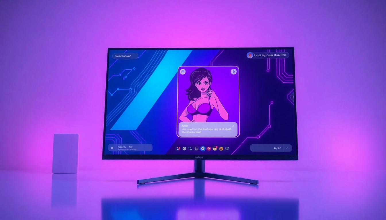 Futuristic digital illustration of an AI adult chat interface with vibrant colors and a seductive AI character on a sleek screen.