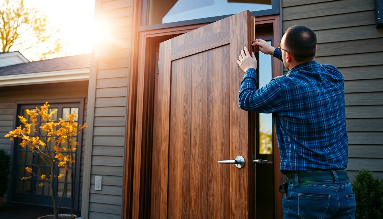 Front door replacement in progress: installer fits a premium entry door on a modern home.