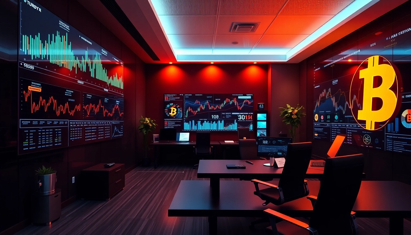 Microstrategy CEO analyzing Bitcoin investments in a high-tech workspace, highlighting