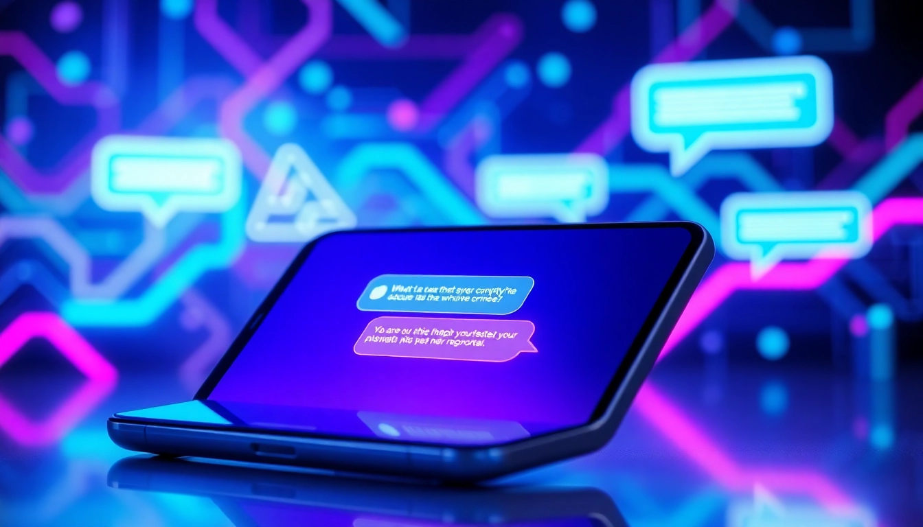 An illustration of a futuristic chat interface on a sleek device screen with glowing conversation bubbles, set against a cyber-inspired background in blue and neon colors.