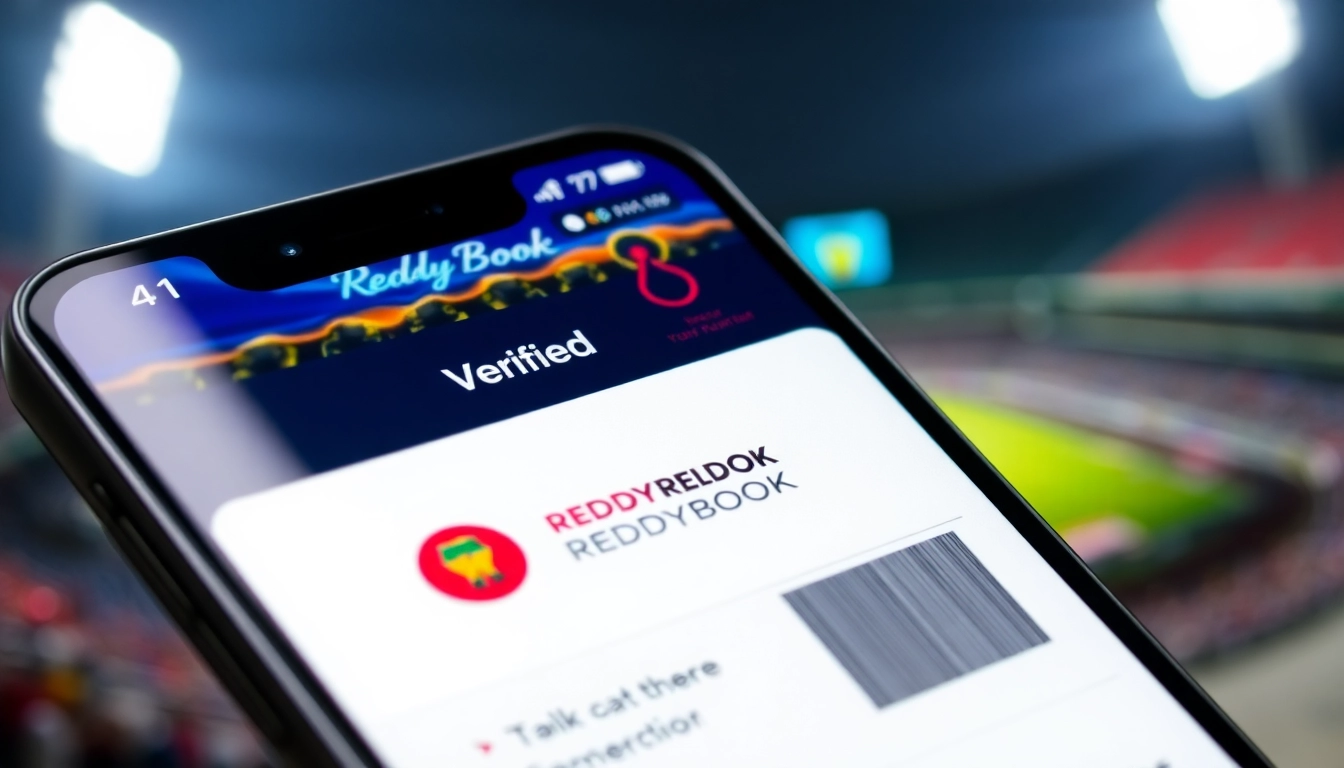 Reddybook ID verification on mobile screen with cricket stadium backdrop, ensuring secure access to betting services.