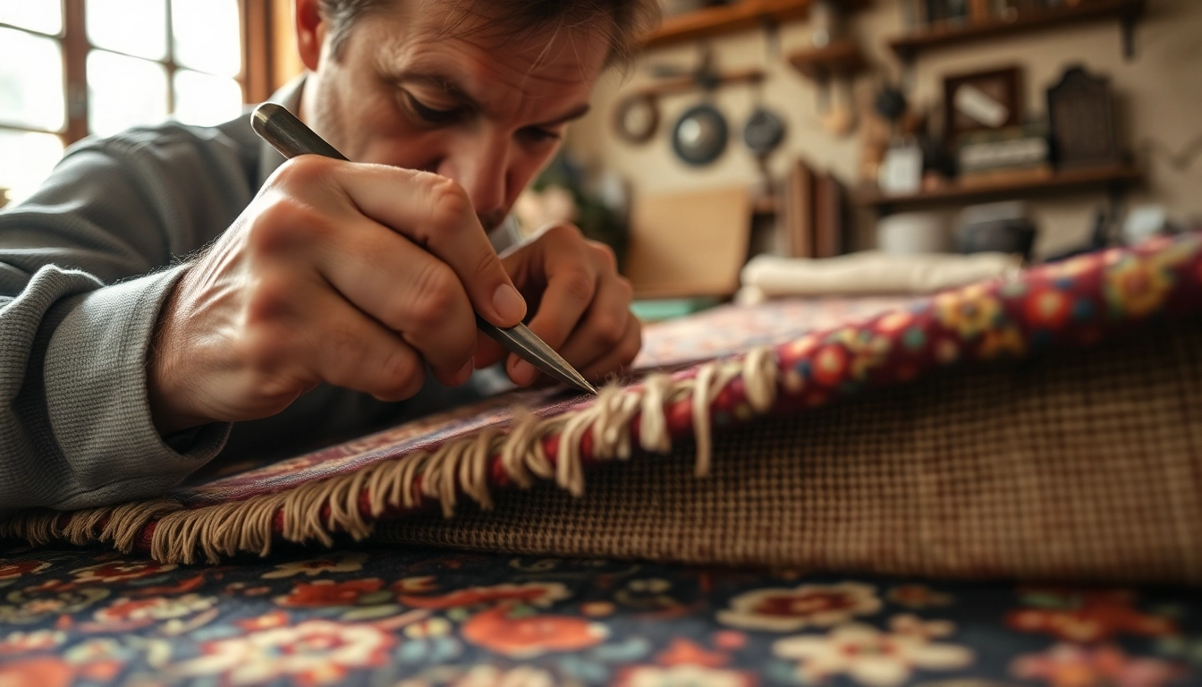 Expert Restauro Tappeti Milano restoring an antique Persian rug with fine craftsmanship and
