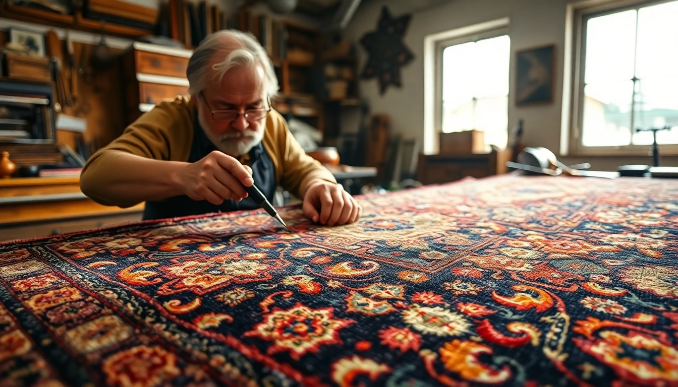 Expert Restauro Tappeti milano service showing artisan repairing a delicate Persian rug with