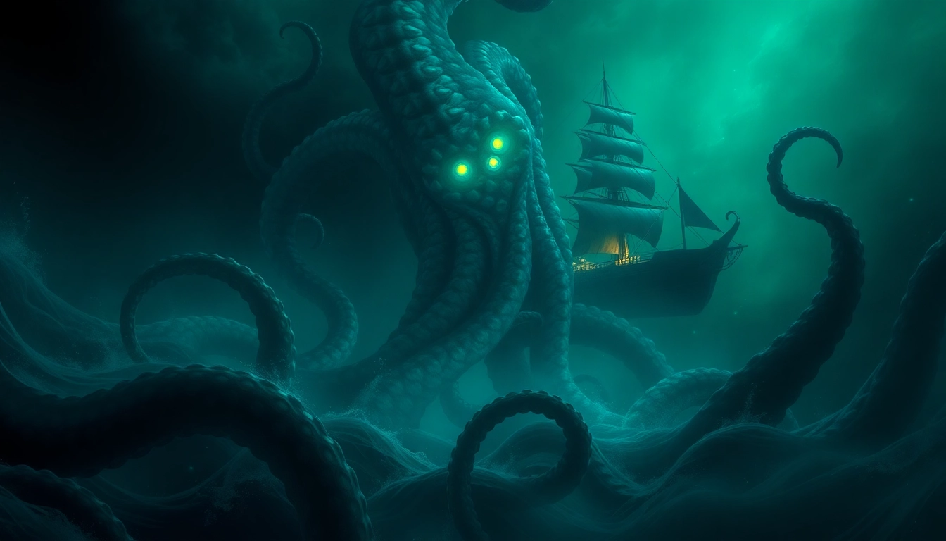 The image shows a giant kraken attempting through dark ocean depths with glowing eyes and